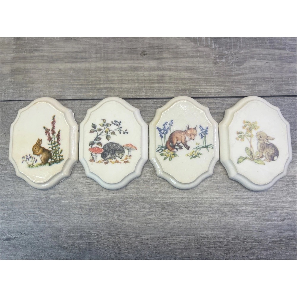 Animals Woodland Vintage 80s Small Plaque Decor Rabbit Fox Hedgehog Lot of 4
